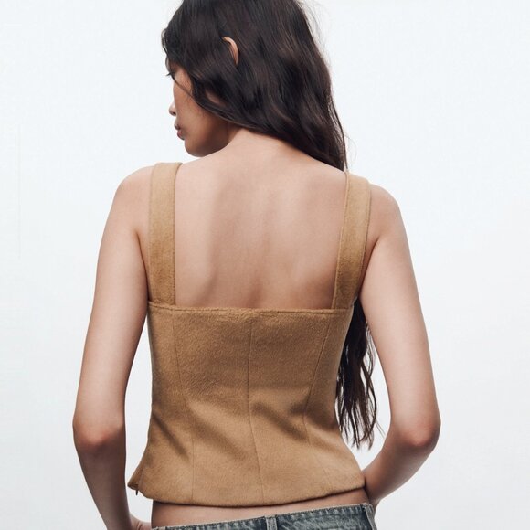 NEW Zara Soft Faux Fur, Wool Blend Bustier Corset-Style Cropped Top in Camel, XS - Picture 4 of 16